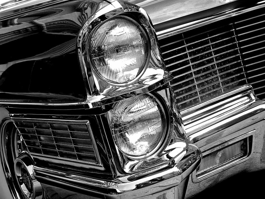 Foto en escala de grises, clásico, vehículo, Cadillac, americano, coche, vintage, Coupe Deville, automóvil, auto