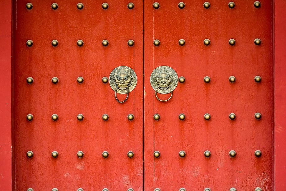 brown wooden wardrobe, door, ye xian tower, chinese style, architecture, gate, door Knocker, entrance, red, cultures