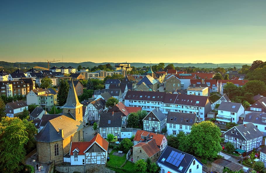 aerial, photography, assorted-color buildings, blue, yellow, sly, daytime, fachwerkhaus, city, hattingen
