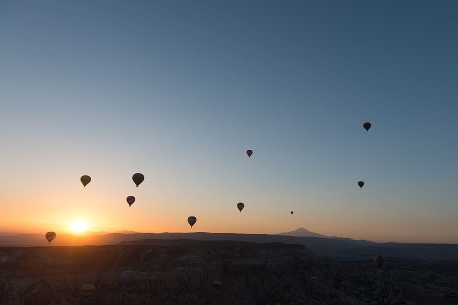 熱気球, カッパドキア, 気球, 夜明け, 空中, 日没, 飛行, 人なし, 空, 飛行機