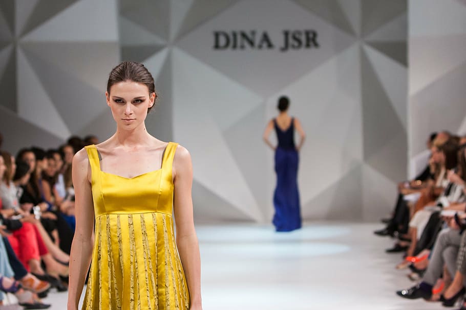 woman, yellow, scoop-neck gown, fashion show, fashion, catwalk, model, female, style, dress