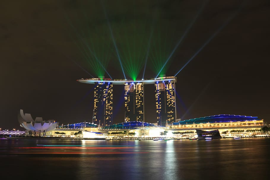 marina bay sands, luces, singapur, láser, diseño, haz, entretenimiento, espectáculo, noche, arquitectura