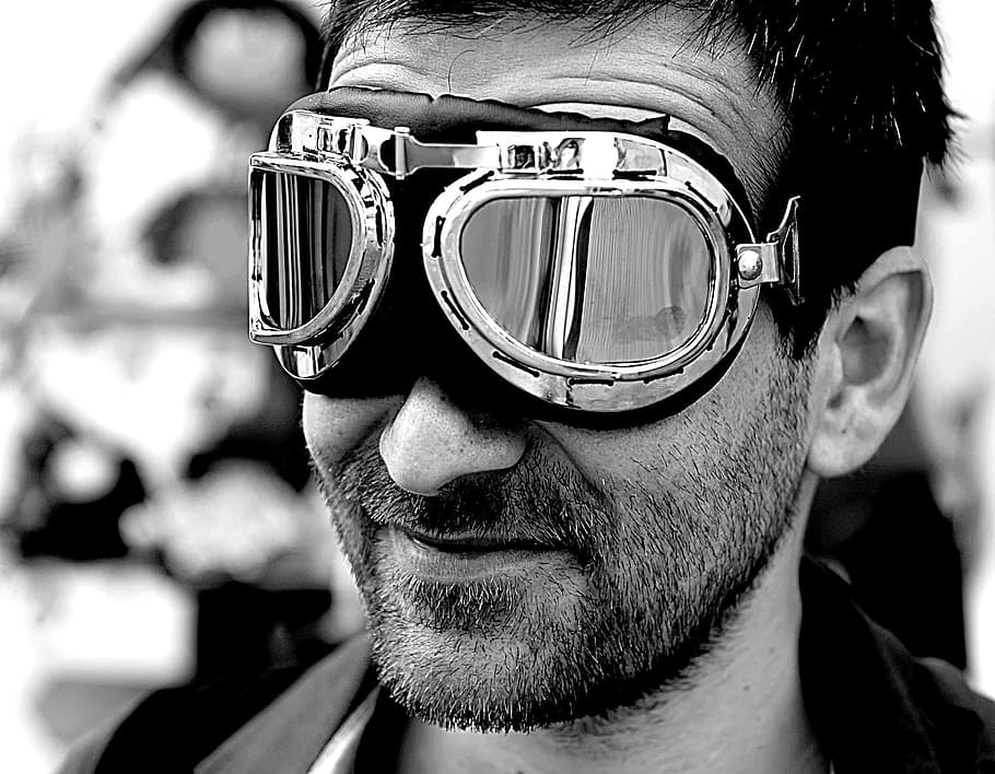 grayscale photo, man, wearing, protective, sunglasses, adult, eyewear, people, portrait, face