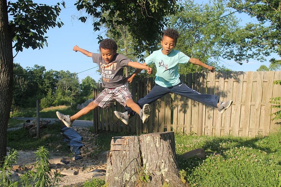 boys, twins, jumping, outside, summer, people, kids, brothers, full length, two people