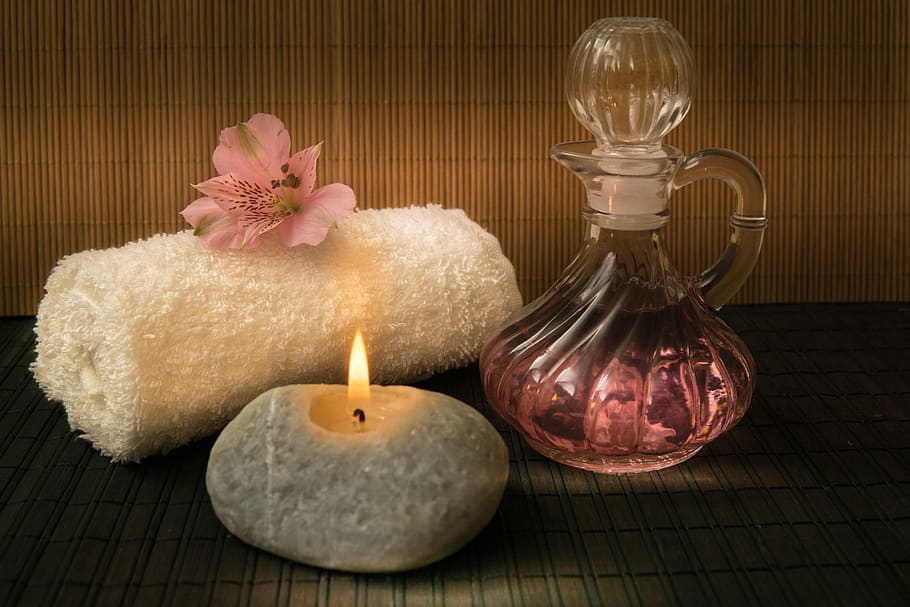 wellness, carafe, towels, white, rolled, candle, light, flower, pink, blossom