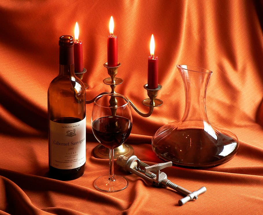 wine bottle, wine glass, candelabra, candle, wine, red, opener, glass, light, fire