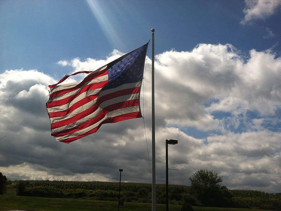 flag, light, field, sky, cornfield, clouds, rays, fall, autumn, new jersey