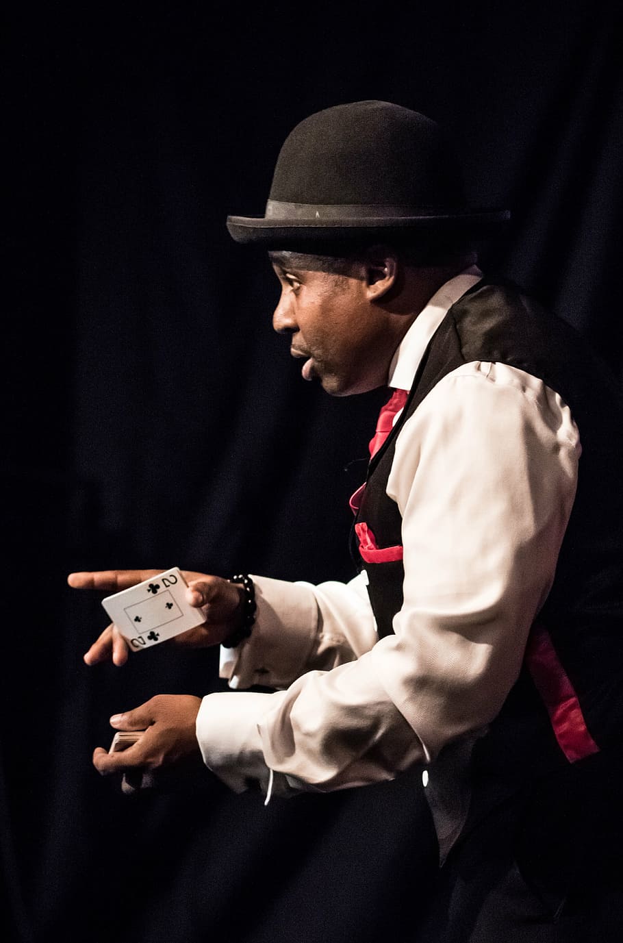 man, holding, playing, card, magician, face, performance, magic, portrait, action