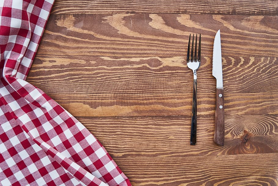 tenedor plateado, al lado, cuchillo, mesa, portada, tenedor, fondo, madera, detalle, alimentación saludable