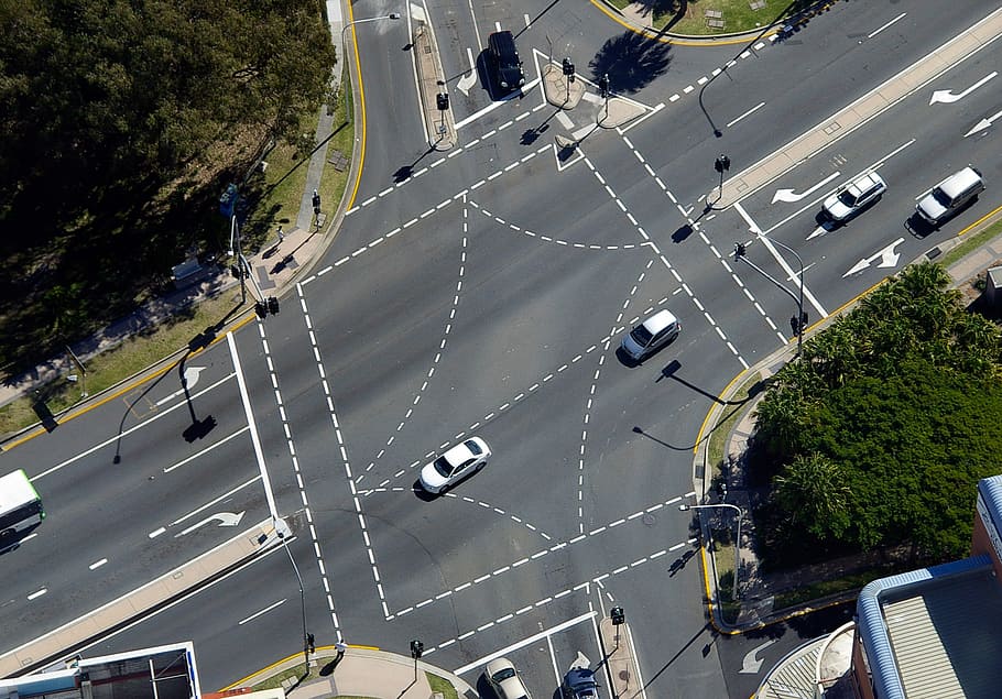 aerial, road, cross road, junction, traffic, traffic lights, lines, patterns, cars, urban