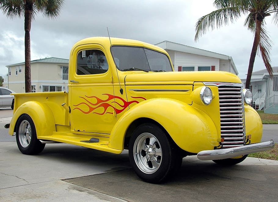Pickup Truck, Customized, Yellow, pin striping, truck, vehicle, transportation, grille, custom, shiny