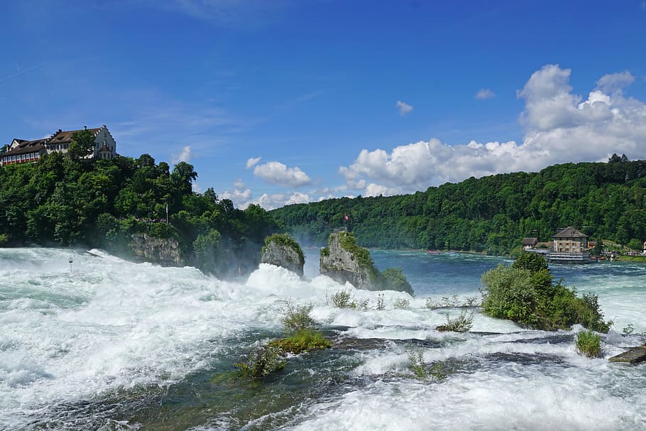 Rhine Falls, High Water, Schaffhausen, neuhausen am rheinfall, masa de agua, roca, correr cerrado, schloessli woerth, rin, suiza