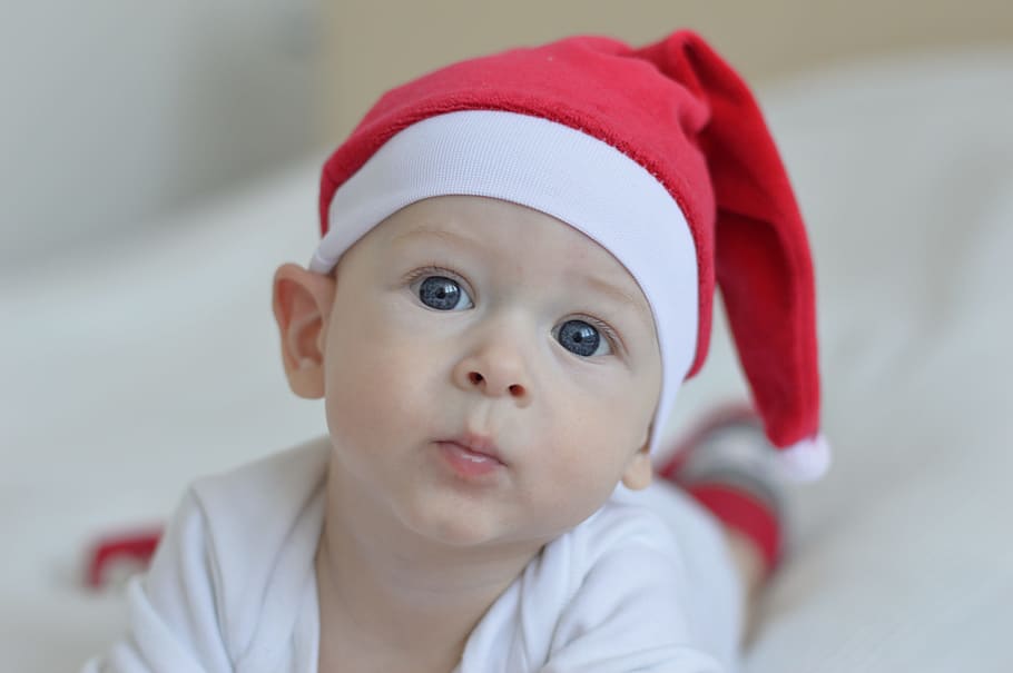 少年, 身に着けている, 白, シャツ, 赤, サンタ帽子, かわいい, 子供, クリスマス, 赤ちゃん