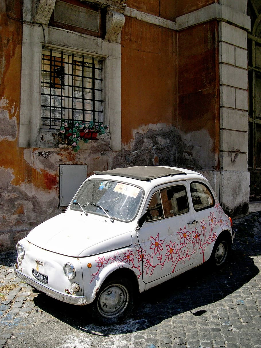 Fiat, flores, casa, ventana, coche, pavimento, transporte, nadie, día, exterior