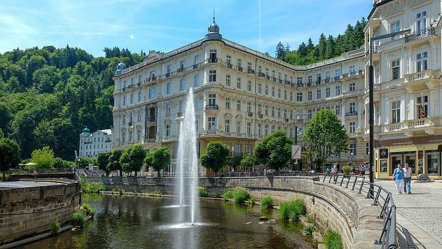 karlovy vary, karlovy-vary, water fountain, old town, architecture, historic old town, building, built structure, building exterior, plant