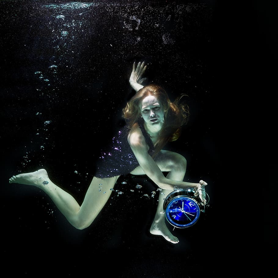 woman, wearing, black, dress, holding, clock, under water, fashion, increased, water