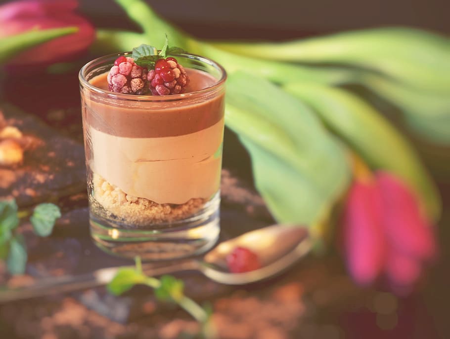 selective, focus photo, clear, drinking glass, dessert, nougat, mousse, chocolate mousse, food, nutrition
