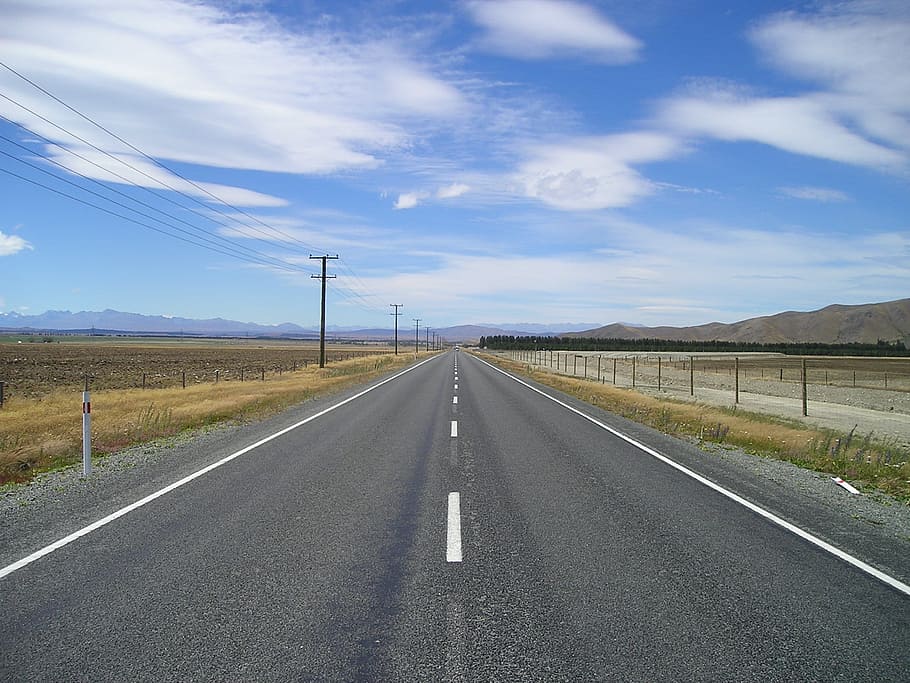 fotografia, estrada de asfalto, em direção a, montanha, Nova Zelândia, Sem fim, Estrada, Solidão, perspectiva decrescente, o caminho a seguir