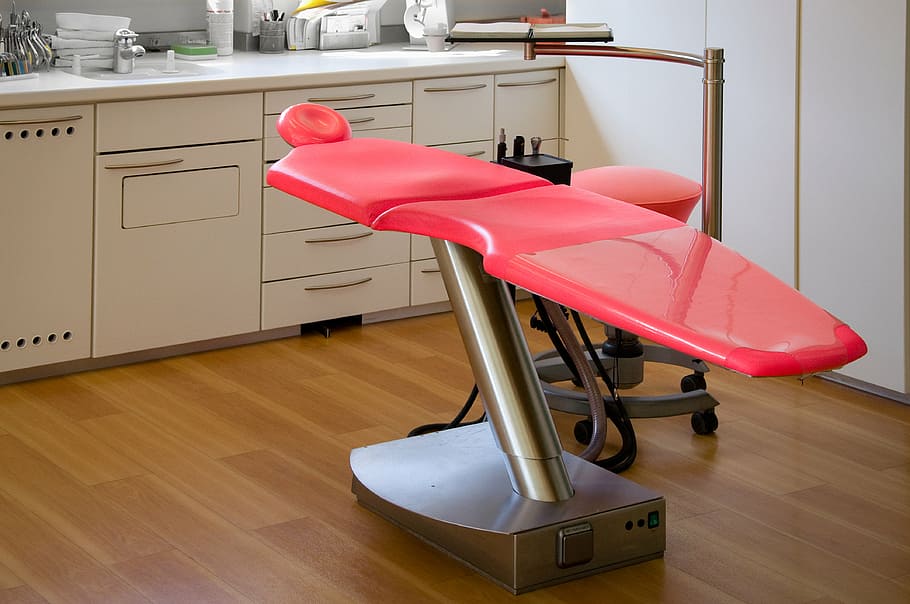 red dental chair, clinic, doctor, chair, cabinet, check up, room, floor, dentist, dental