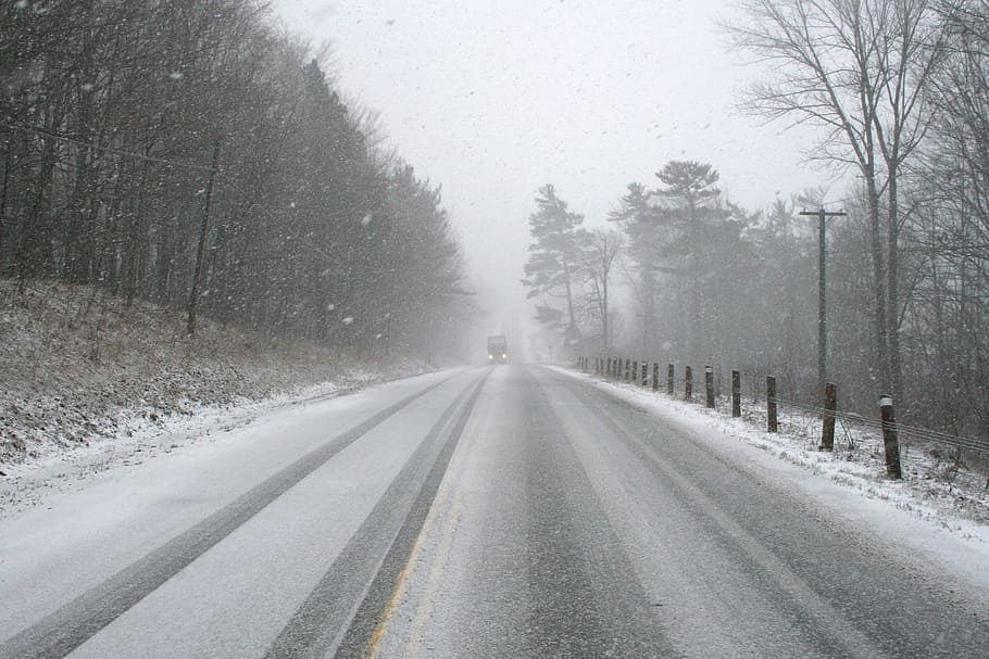 kendaraan, bepergian, jalan, musim dingin, salju, badai salju, mobil, perjalanan, roadtrip, pohon