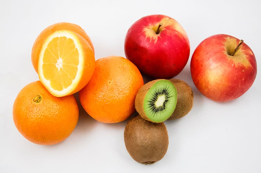 orange, apple, kiwi fruits, Apples, Kiwi, Oranges, Fruit, Vitamins, healthy eating, half