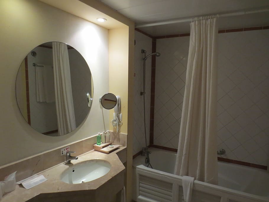 open bathroom curtain, bathroom, mirror, bathroom mirror with lights, interior, bath, shower, tile, bathtub, domestic bathroom