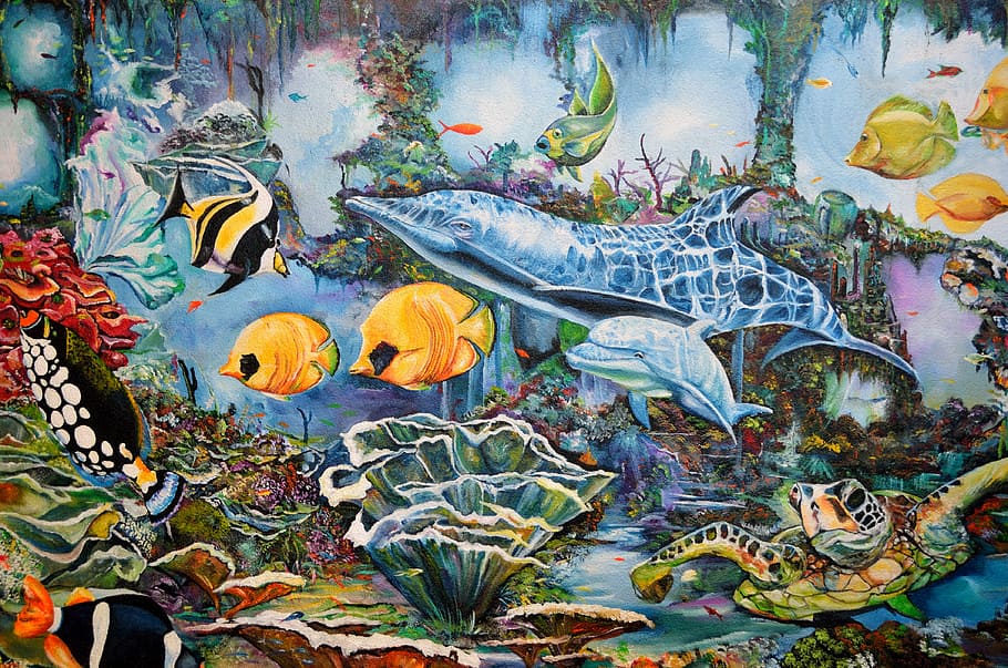 sea-themed painting, wall mural, background, backdrop, artistic, art, colorful, aquatic life, decorative, mural