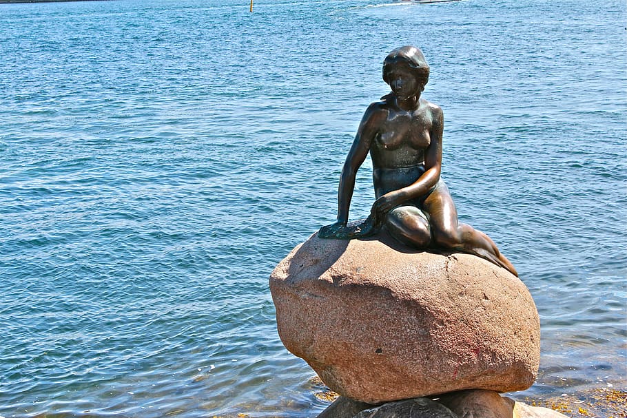 copenhagen, mermaid, denmark, statue, sculpture, water, places of interest, tourist attraction, sea, figure