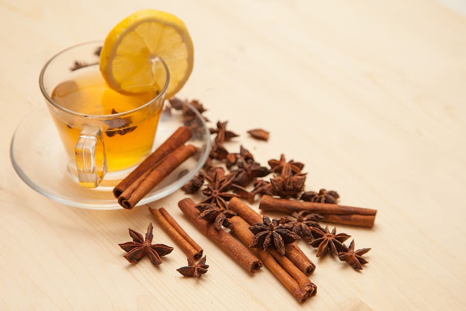 teh, di samping, gulungan kayu manis, arnis, Kayu Manis, Lemon, Adas manis, Bumbu, rempah-rempah, aroma