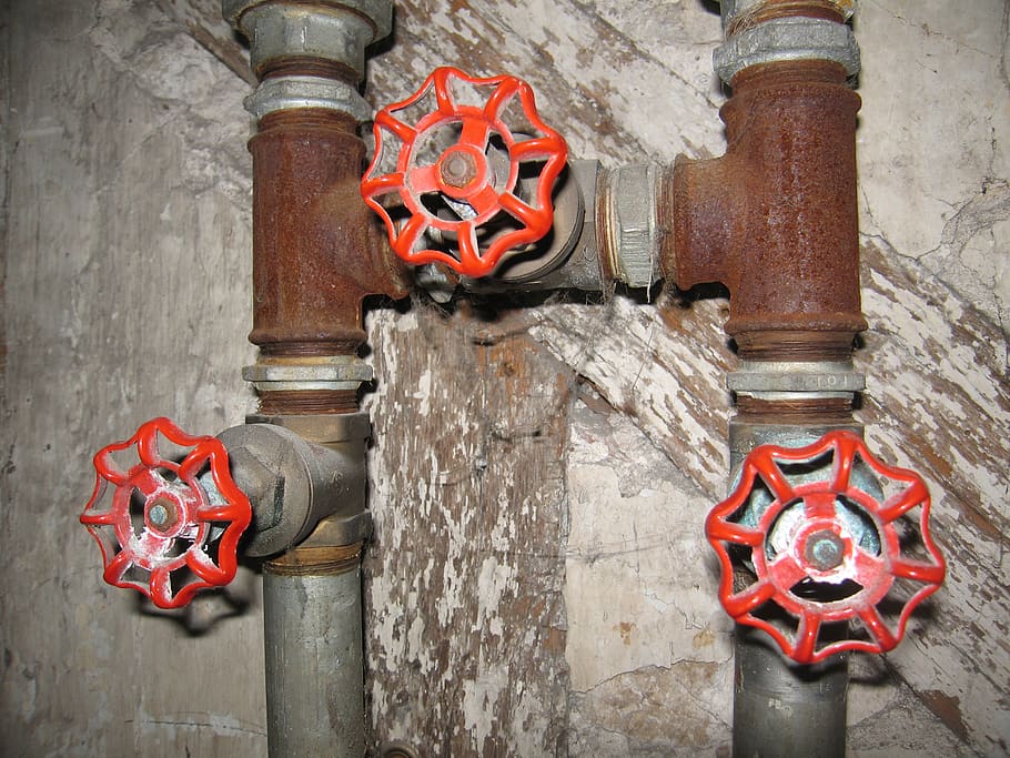 valve, water supply, tap, piping, water pipes, red, day, art and craft, metal, wall - building feature