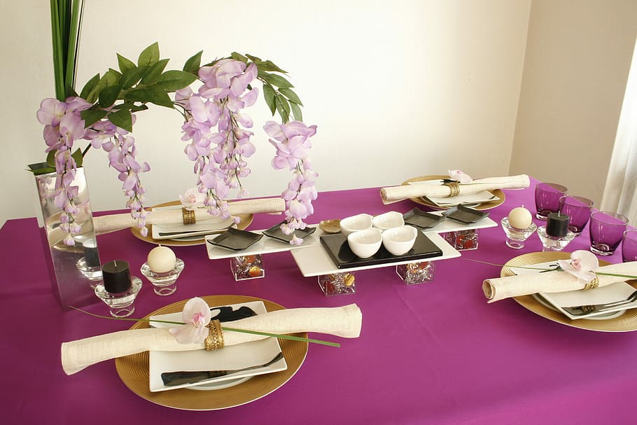 Wisteria, Table, Coordination, Purple, table coordination, in the early summer, flower, celebration, indoors, plant