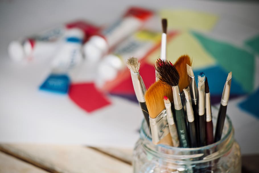 paintbrushes, colors, painter, artist, creativeness, art, background, creative, school, watercolor