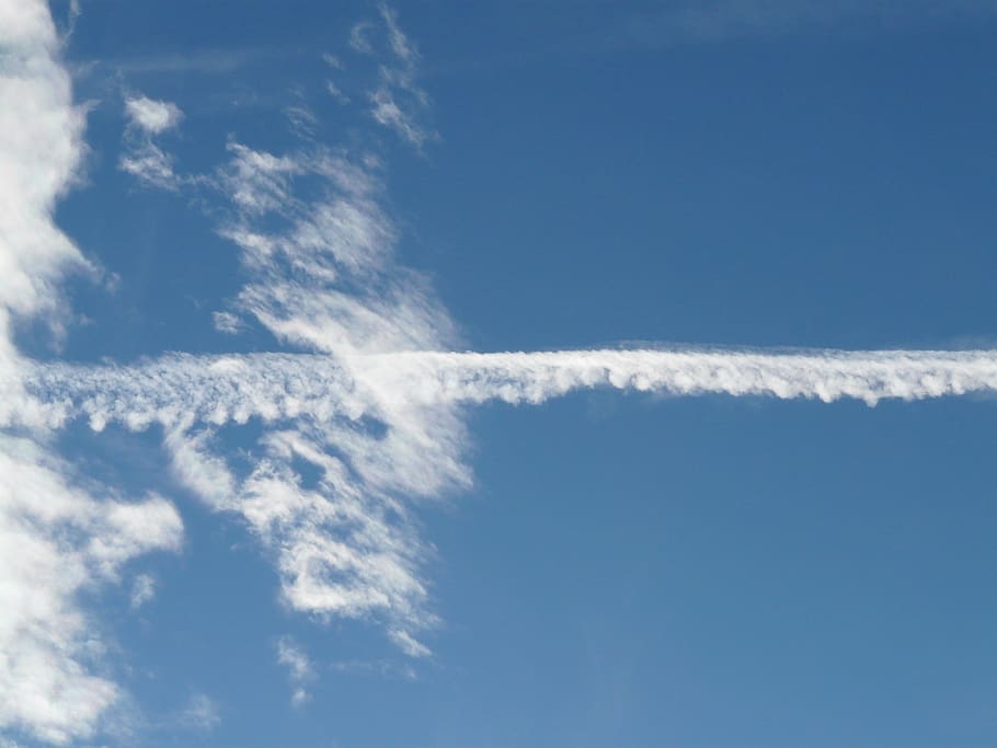 contrail, sky, clouds, blue, aircraft, flying, air, travel, cloud - sky, day
