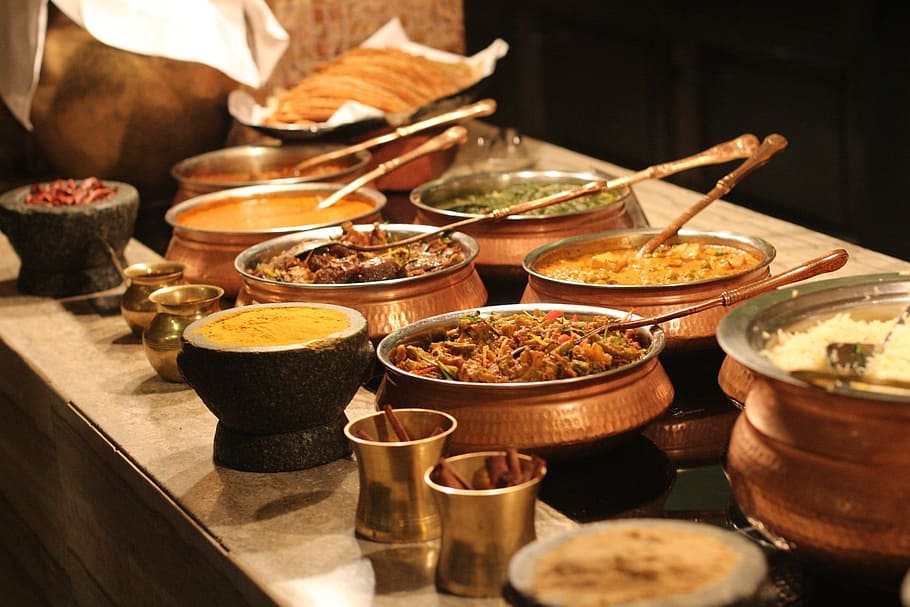 berbagai macam hidangan warna, prasmanan, India, makanan, rempah-rempah, makan siang, restoran, masakan, makan malam, pedas