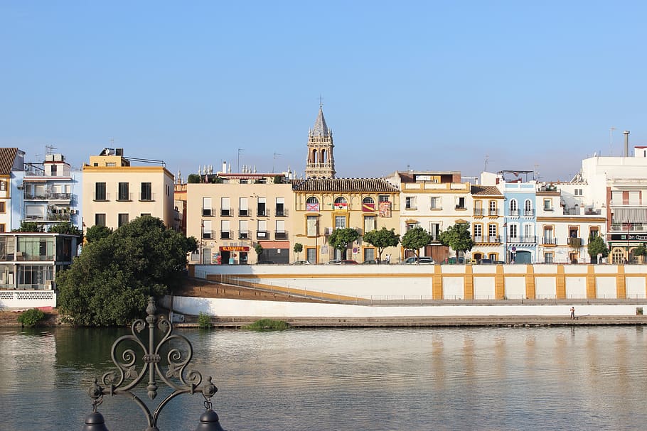 seville, spain, andalusia, river, city, architecture, quay, built structure, building exterior, building
