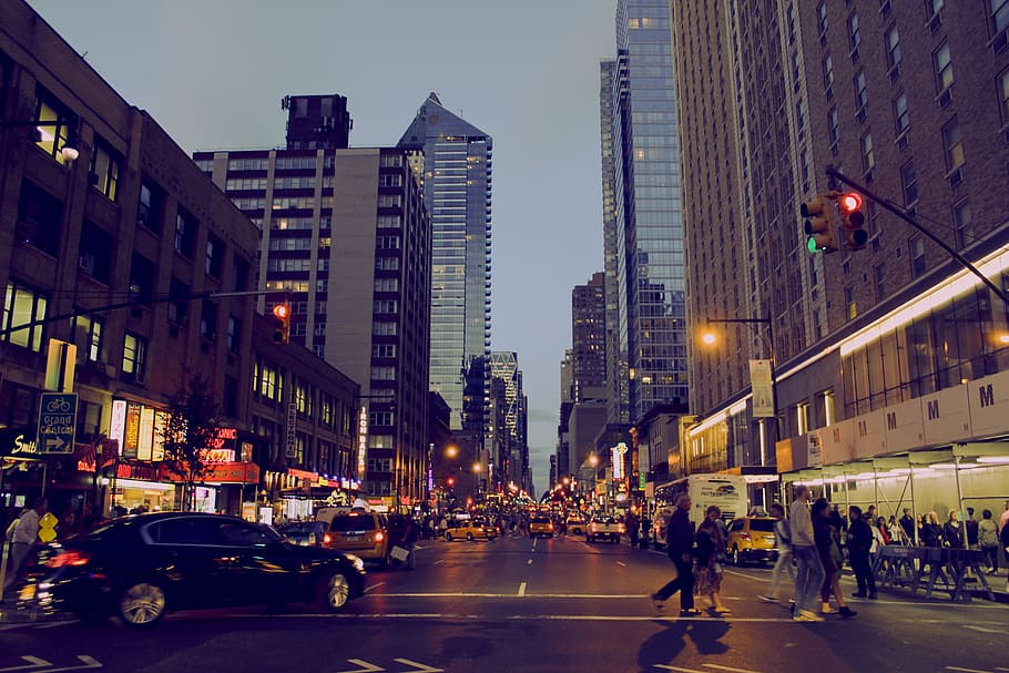 downtown photo, nighttime, new york, city, color, travel, transportation, street, night, lighting
