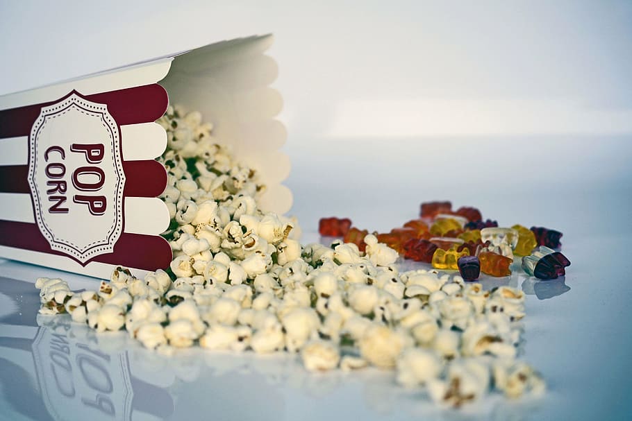 popcorn on table, popcorn, cinema, ticket, film, entertainment, food, corn, bucket, snack