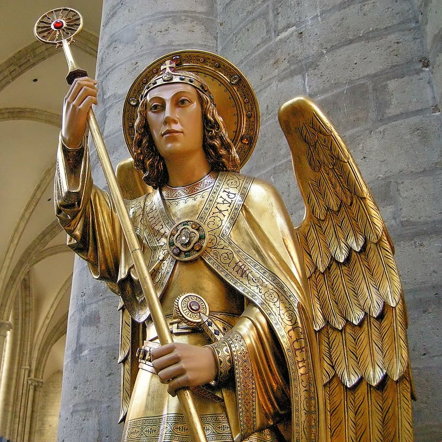 low, angle, oangel, wearing, gold suit, holding, staff statue, church, angel, michel