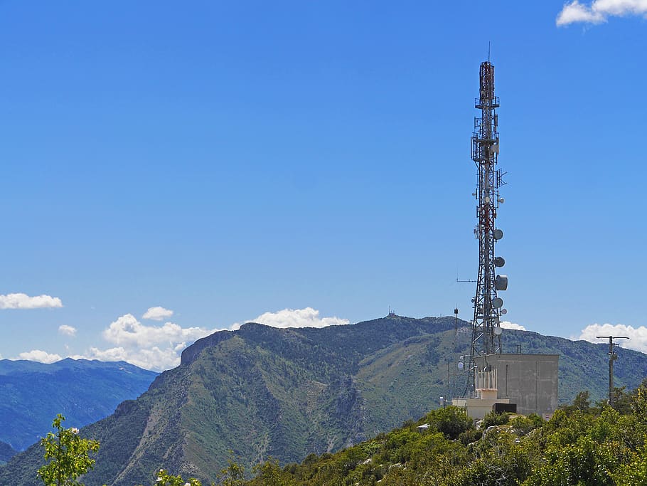 alpine, maritime alps, south of france, transmission tower, bowls, receiver, transmitter, mountains, rugged, microwave radio link