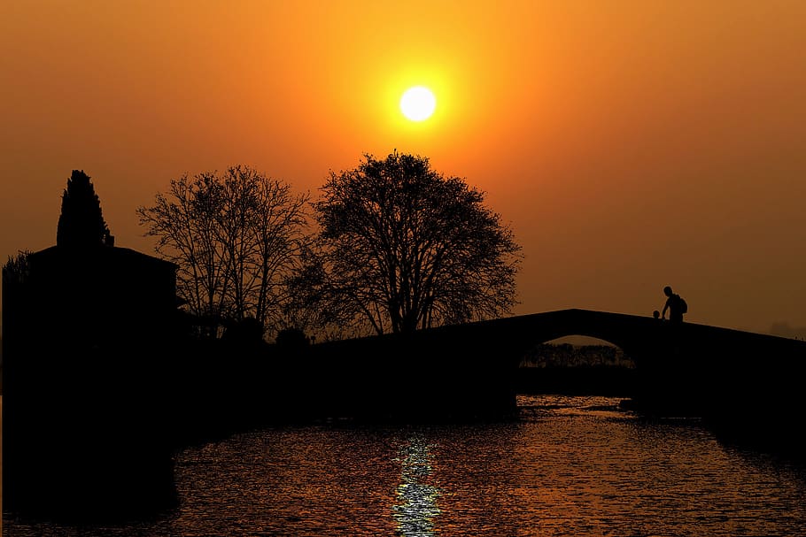 sunset, canal du midi, bridge, house, trees, architecture, water, sky, nature, history