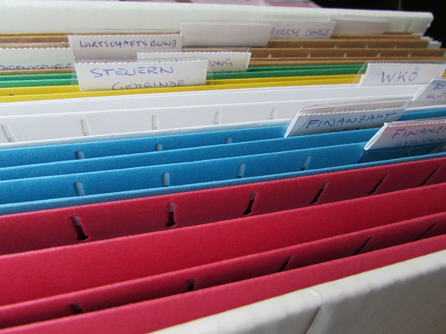 rojo, azul, blanco, amarillo, tarjetas, archivos, carpeta, soltar, archivo, oficina