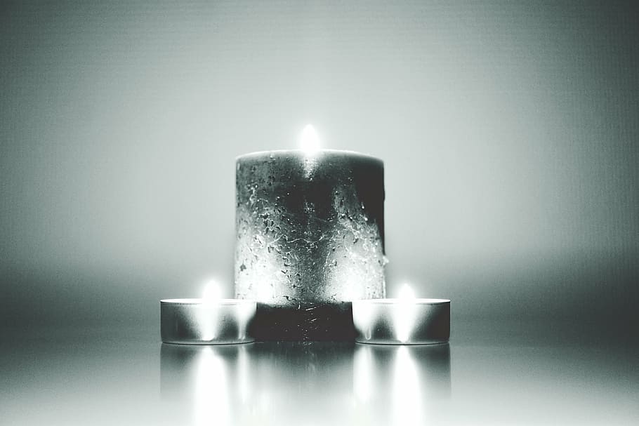 grayscale photo, three, candles, fire, wax, black, white, black and white, grayscale, candle