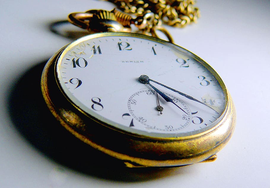 gold-colored pocket, watch, reading, 5 23, clock, pocket watch, digits, time, old, nostalgia