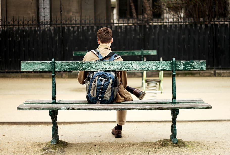 people, man, alone, bench, chair, playground, park, brown, bag, sad