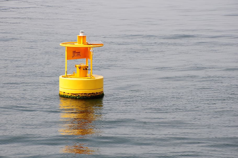 Sea, Buoy, Solitary, Yellow, water, waterfront, day, safety, protection, security