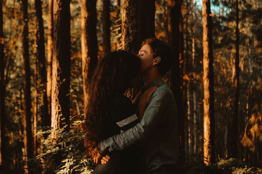 man, woman, hugging, forest, people, couple, hug, embrace, love, intimate