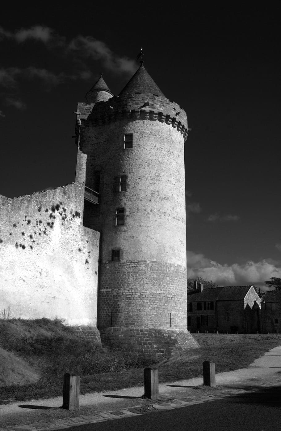 blandy towers, fort, strong castle, black and white, france, heritage, architecture, built structure, building exterior, sky
