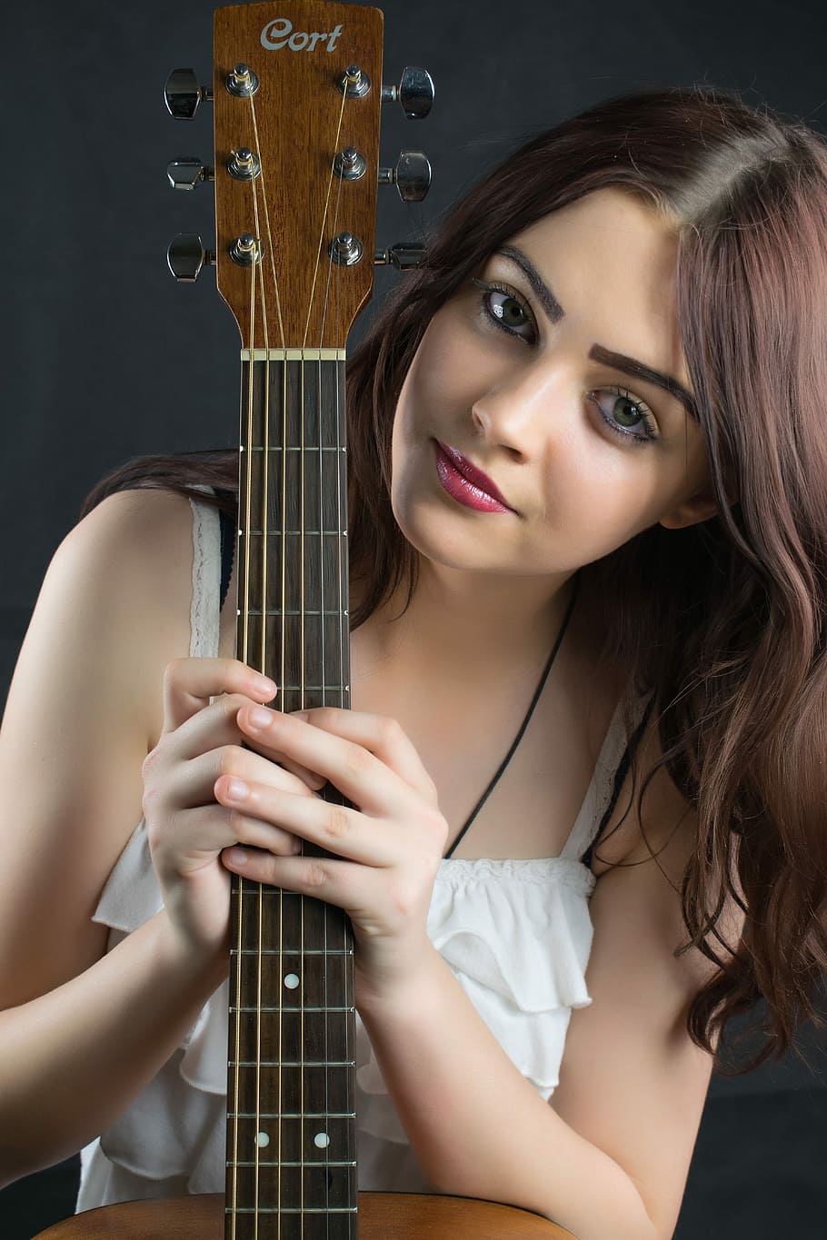 woman, holding, brown, acoustic, guitar, girl, model, portrait, style, pretty