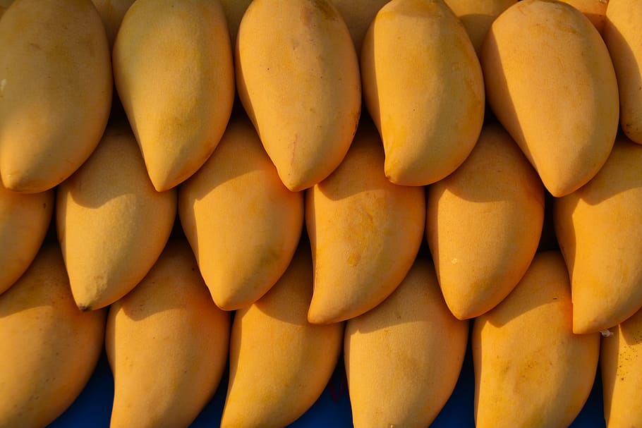 close, view, three, stacks, yellow, mango fruit, mangoes, fruit, mango, food