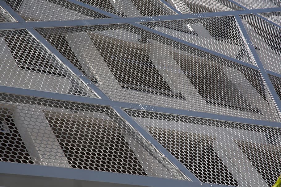 architecture, aluminum, facade, perforated sheet, gray metal, metal, pattern, backgrounds, full frame, day
